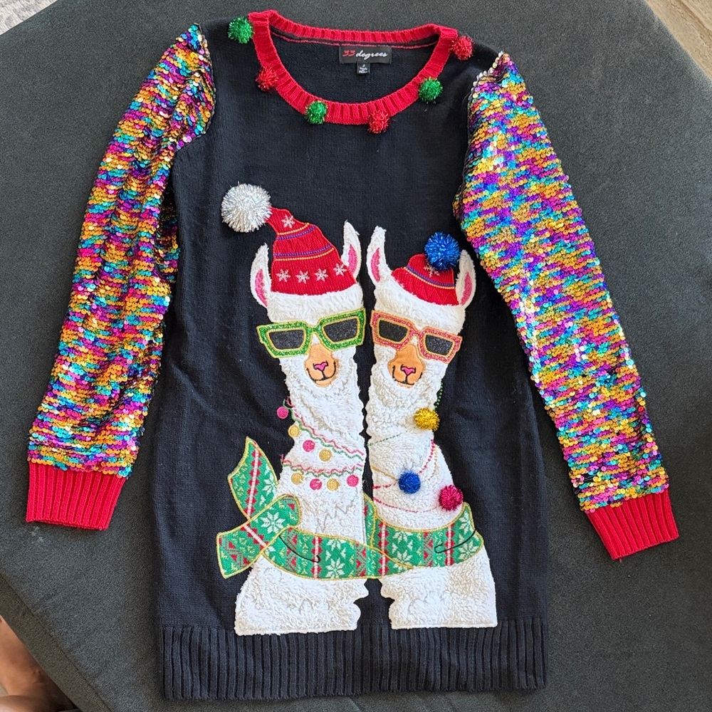 32 Degrees Black Sweater with Red Trim and Green Pom-Poms